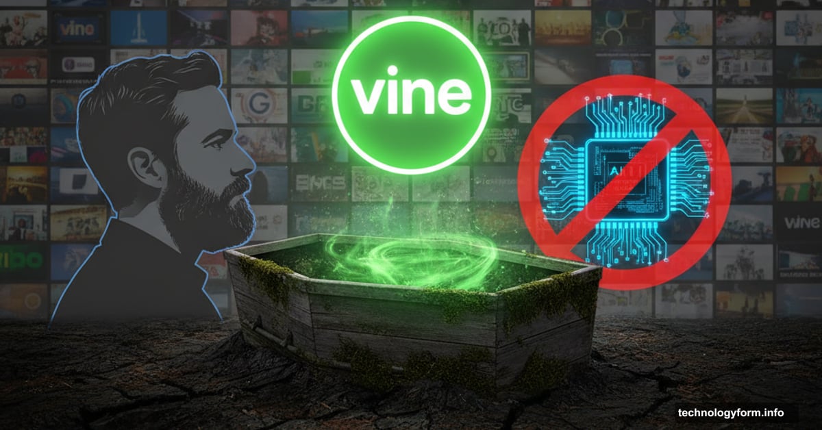 Vine logo rising from grave with Dorsey silhouette and blocked AI symbol