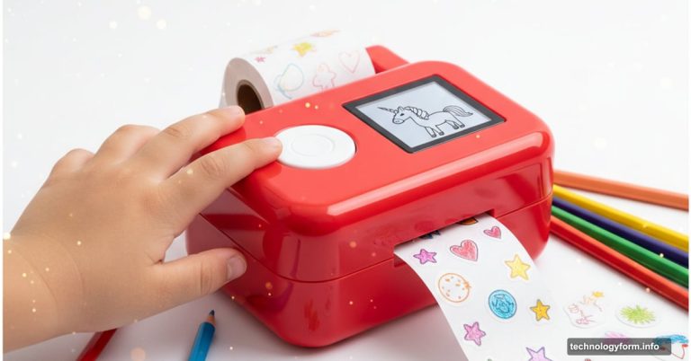Red Stickerbox AI sticker printer with child pressing button and stickers