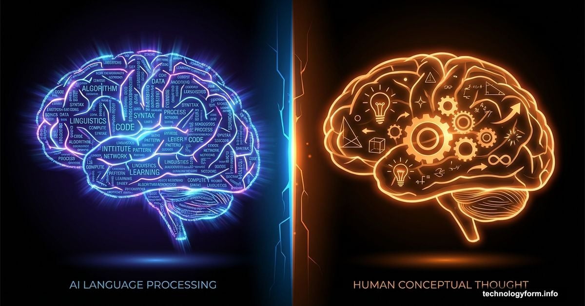 AI language brain versus human conceptual thinking brain separated by divide