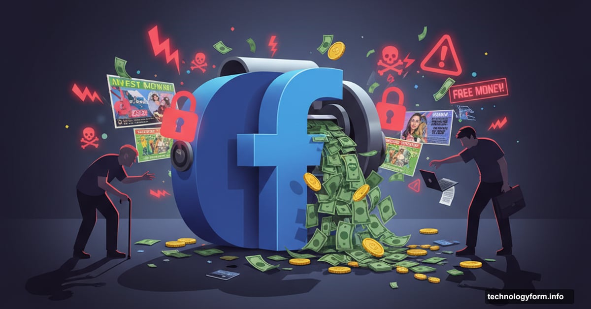 Meta logo as money machine while vulnerable users surrounded by scam ads