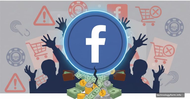 Meta Facebook logo as giant coin with money while users lose below