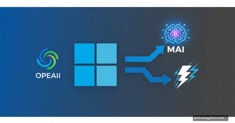 Microsoft logo branching to OpenAI, proprietary MAI model, and speed symbols