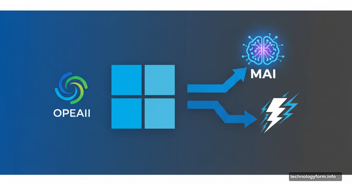 Microsoft logo branching to OpenAI, proprietary MAI model, and speed symbols