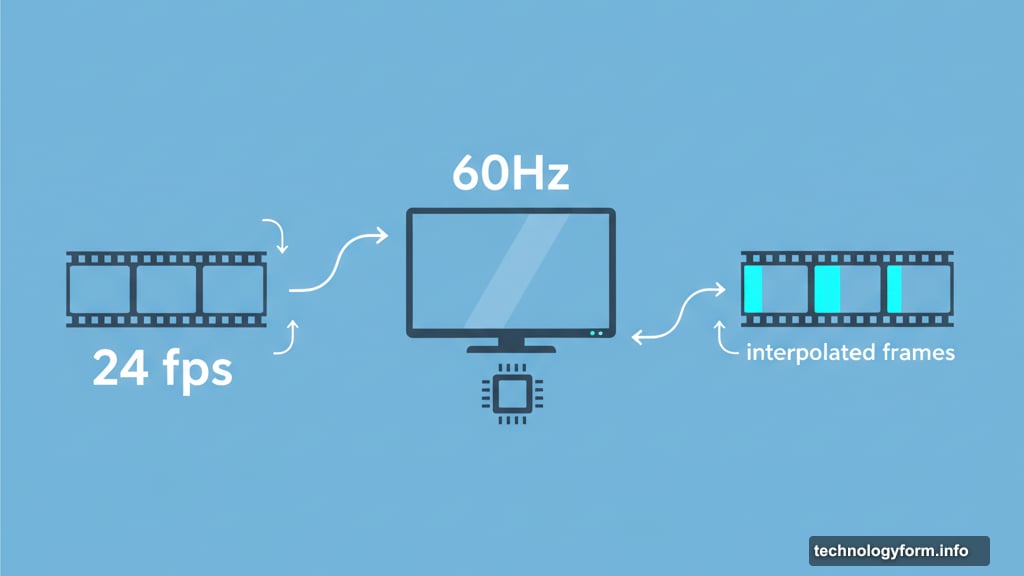 Motion smoothing inserts new frames between original 24fps film frames