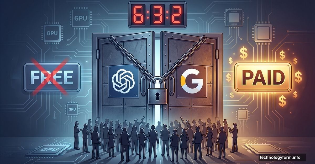 Locked door with OpenAI and Google logos blocking free users