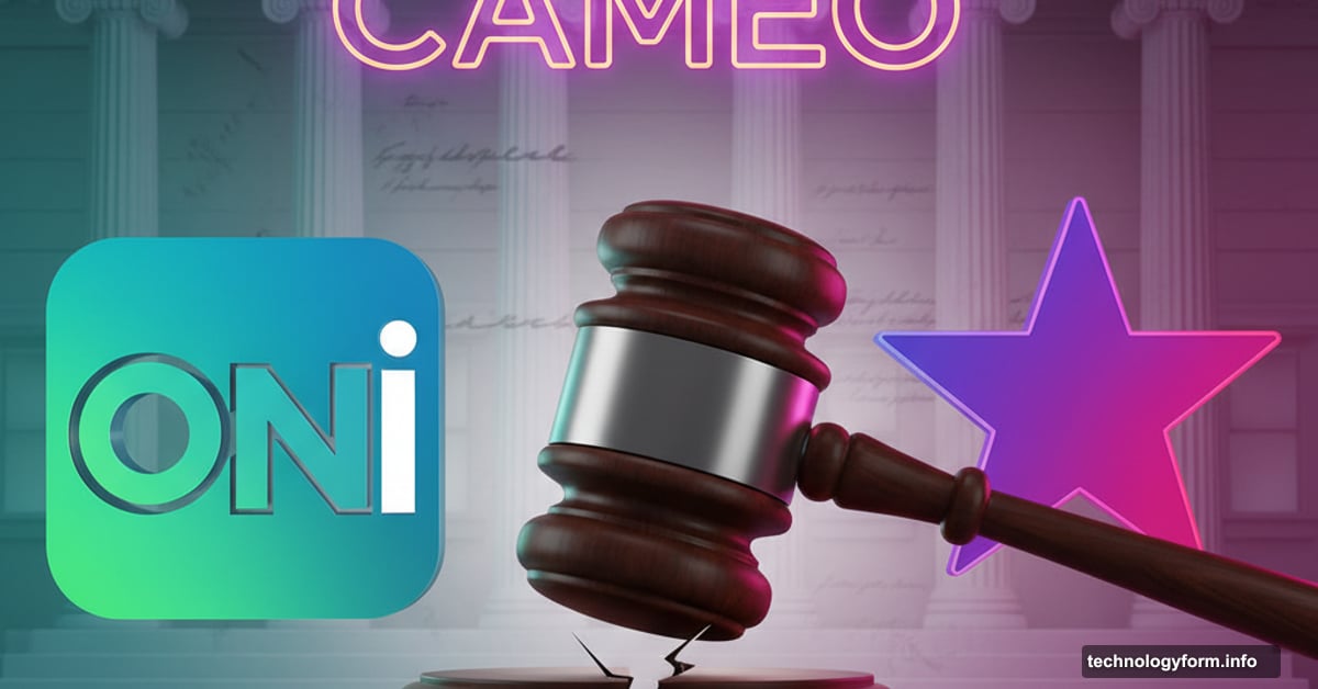 OpenAI and Cameo logos separated by judge's gavel striking trademark dispute
