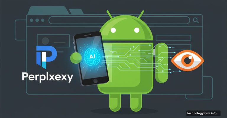Android phone with AI brain and surveillance eye representing Perplexity browser