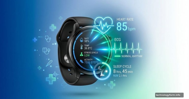 Modern smartwatch displaying health monitoring features and medical sensor data