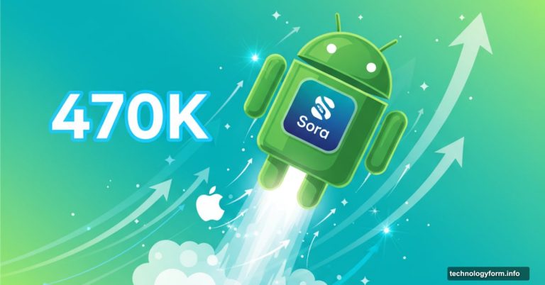 Android robot with Sora app soaring past Apple, 470K downloads displayed