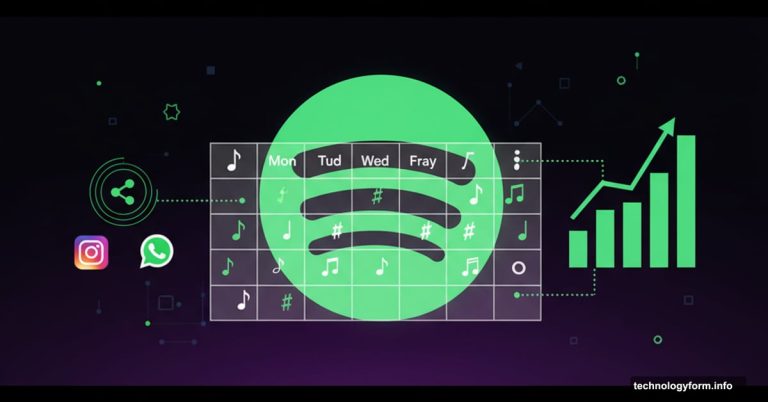 Spotify logo with weekly calendar grid and listening statistics chart