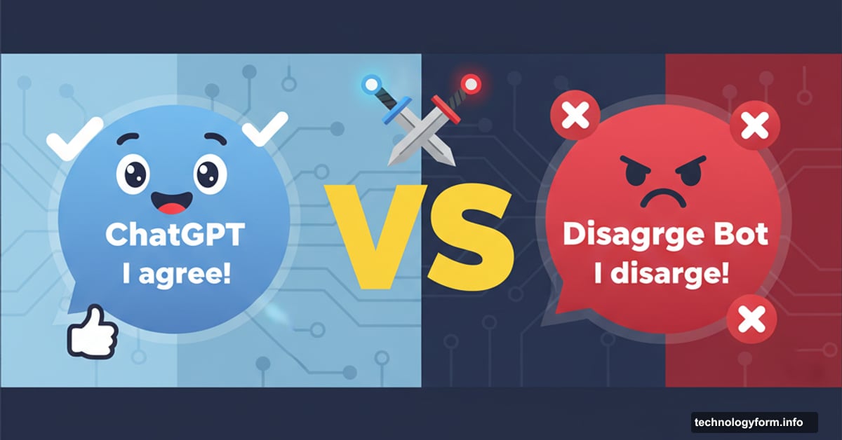 Two AI chatbots facing off: agreeable ChatGPT versus argumentative Disagree Bot