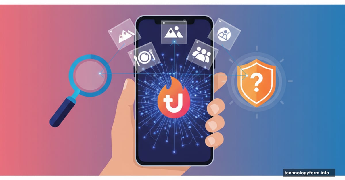 Tinder AI scanning smartphone photos with privacy shield warning symbol