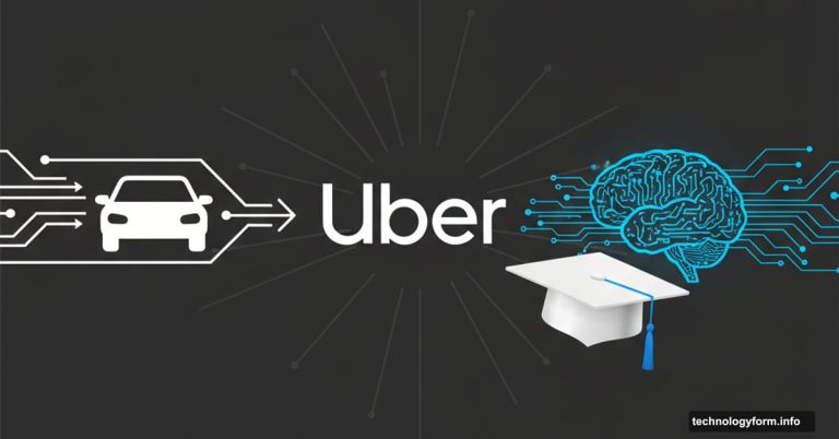 Uber logo splitting into ride-sharing car and AI brain with graduation cap