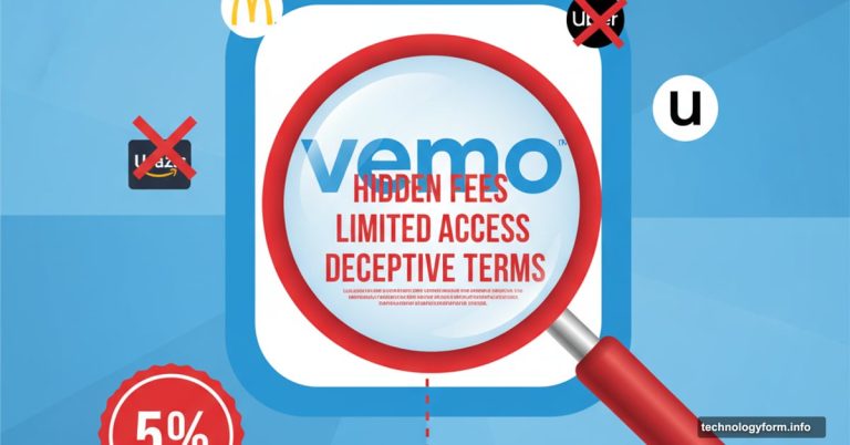 Venmo logo with magnifying glass revealing hidden fine print and restrictions