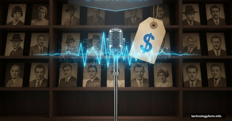 Glowing AI microphone with price tag and historical portraits as marketplace products