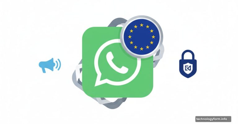 WhatsApp logo with EU regulatory badge, privacy lock icon intact