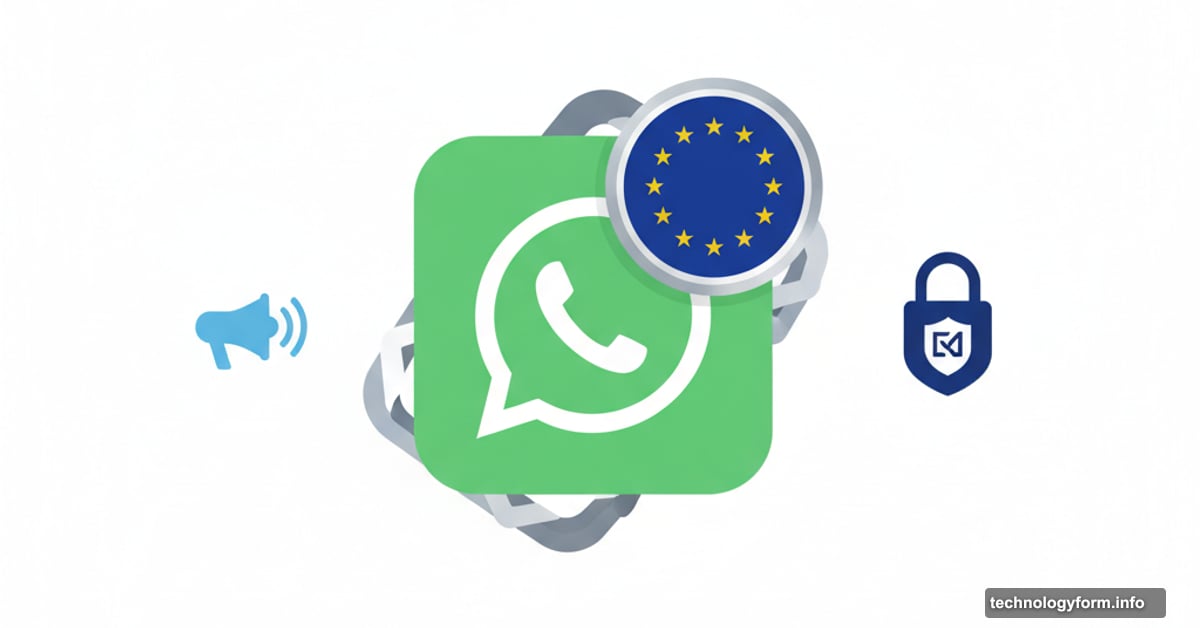 WhatsApp logo with EU regulatory badge, privacy lock icon intact