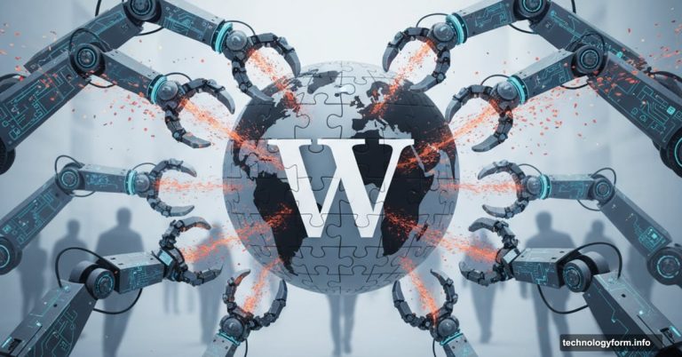 Wikipedia logo surrounded by robotic AI arms extracting content while humans fade away