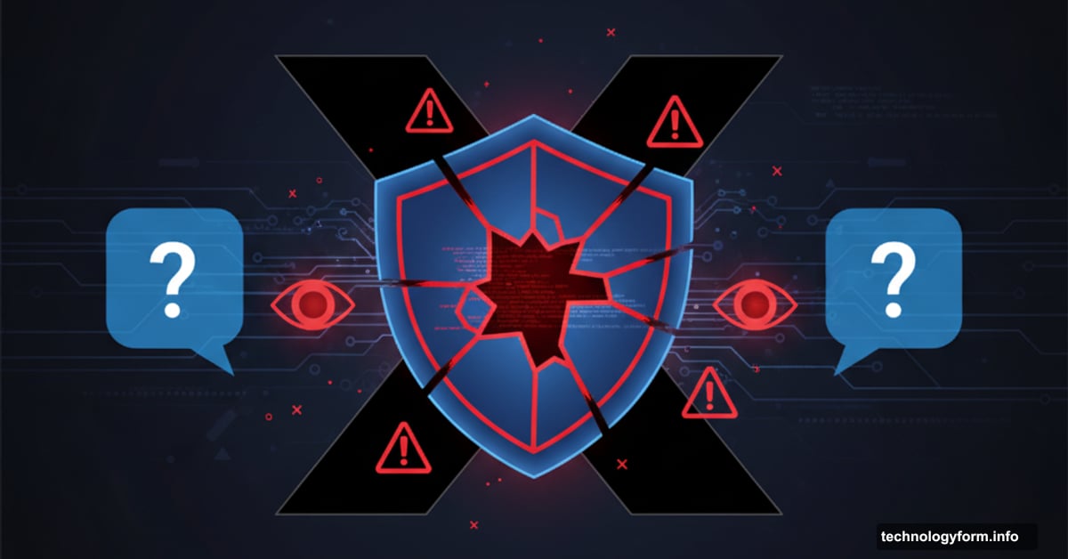 X logo behind broken security shield showing encryption vulnerability