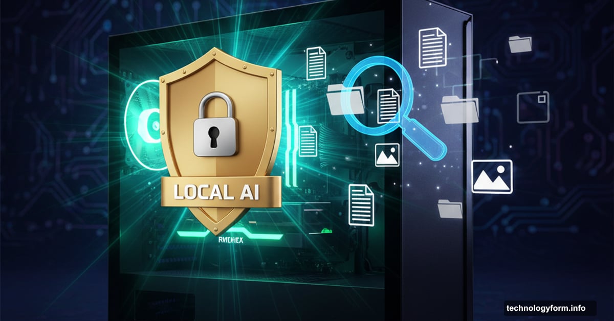 Desktop PC with glowing GPU and privacy shield scanning local documents