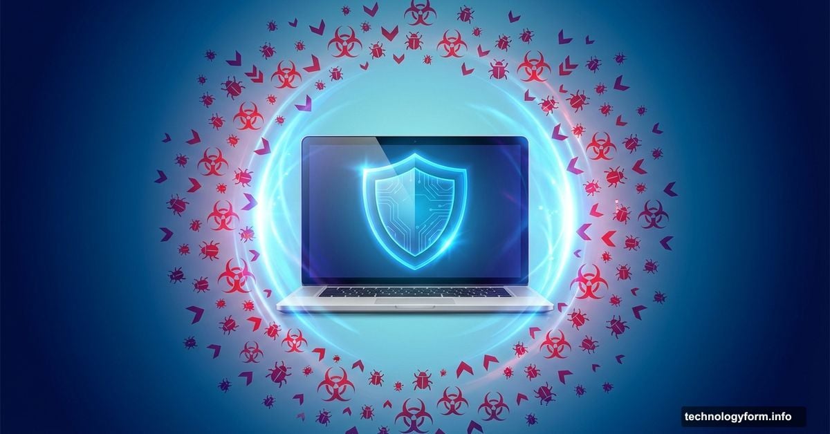 Laptop protected by glowing shield deflecting swarm of incoming viruses