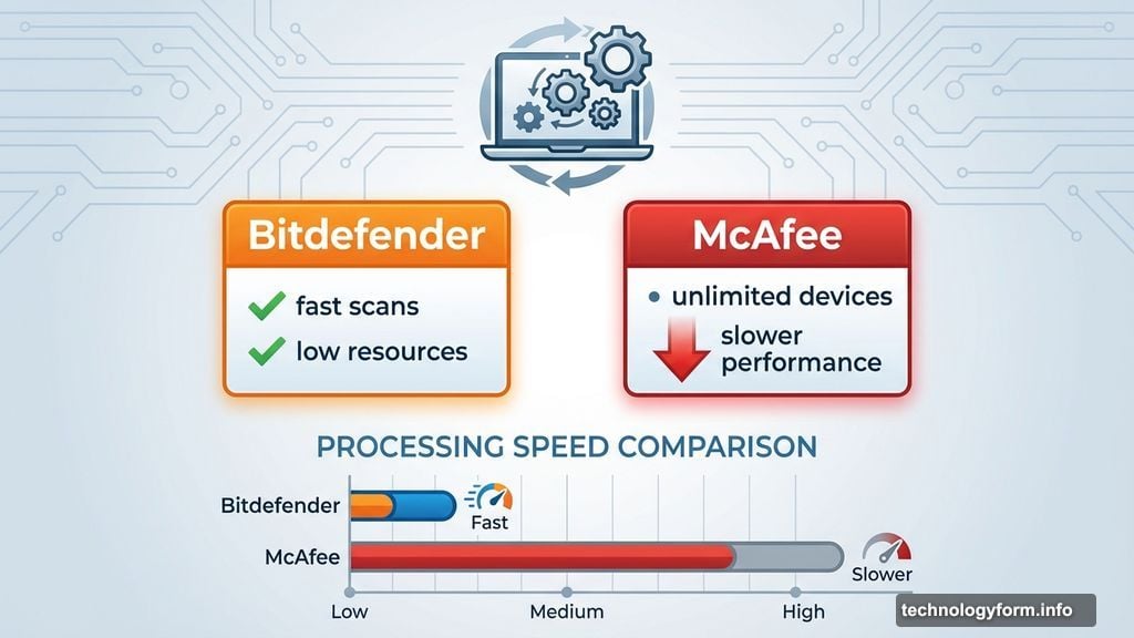 Bitdefender runs faster than McAfee and uses less processing power