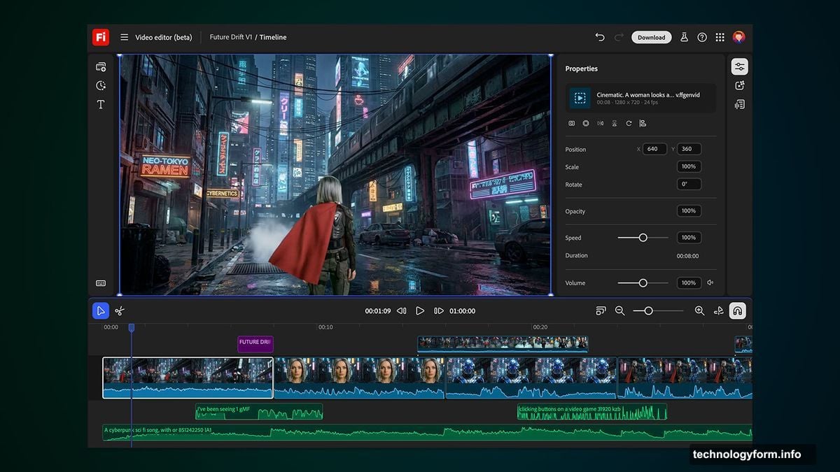 Timeline editor adjusts frames and video characteristics frame by frame