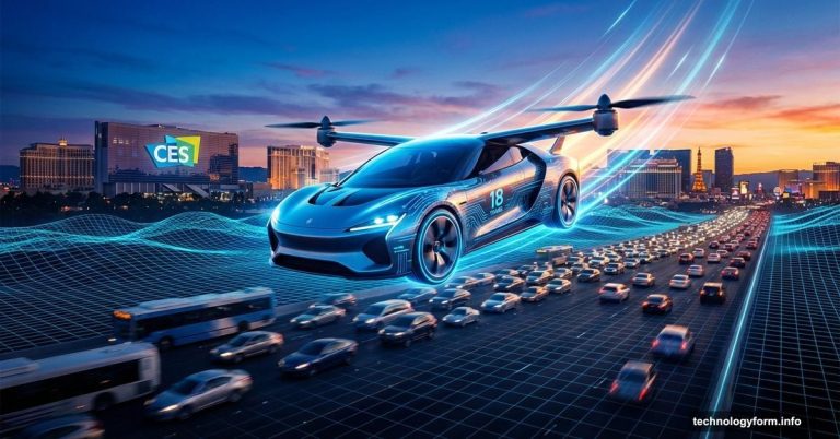 Futuristic flying car lifting off highway above traffic in Las Vegas