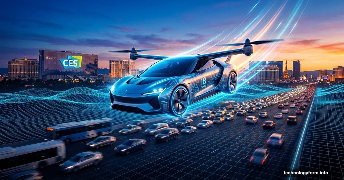 Futuristic flying car lifting off highway above traffic in Las Vegas