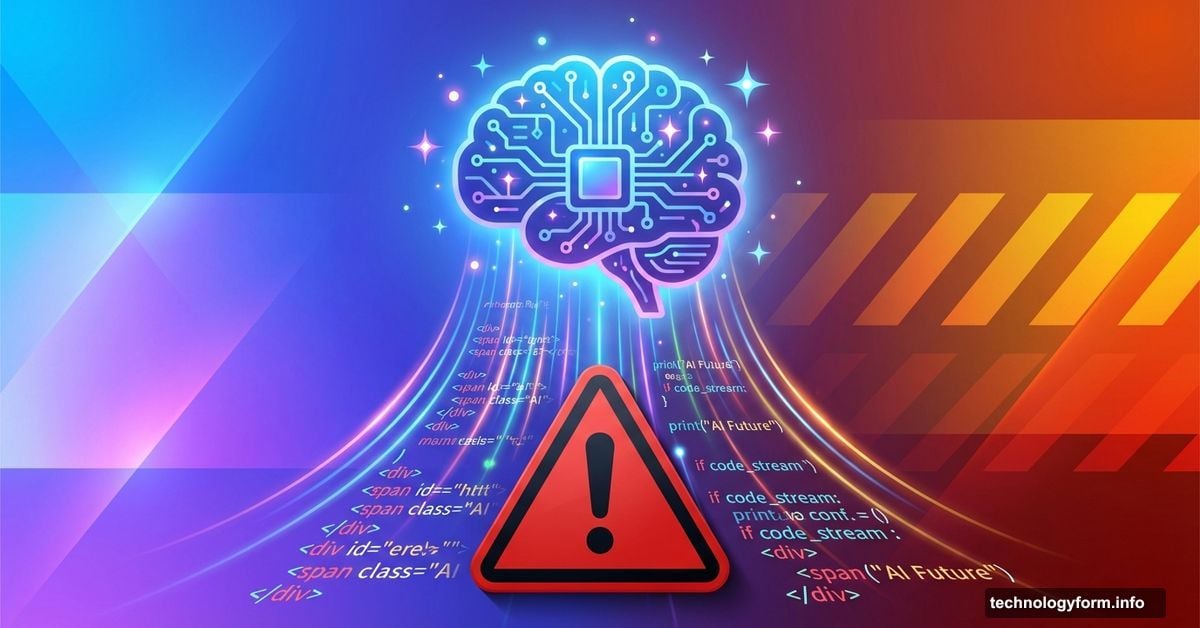 AI brain generating code streams blocked by warning symbol showing promise and limitations