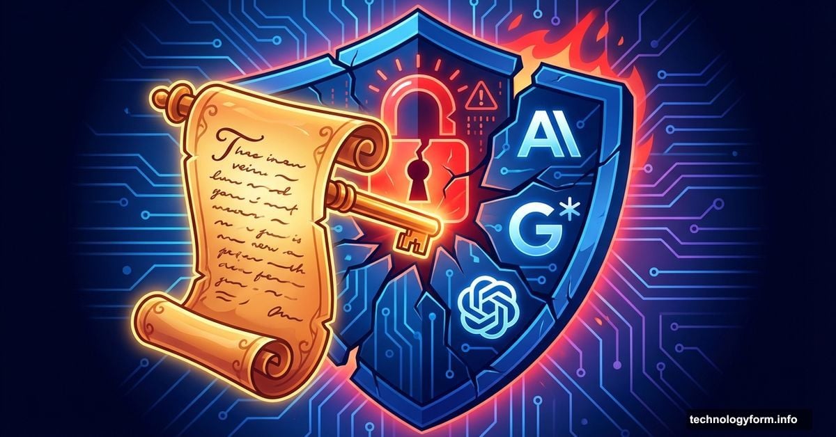 Poetic scroll unlocking and breaking through AI security shield with warning symbols