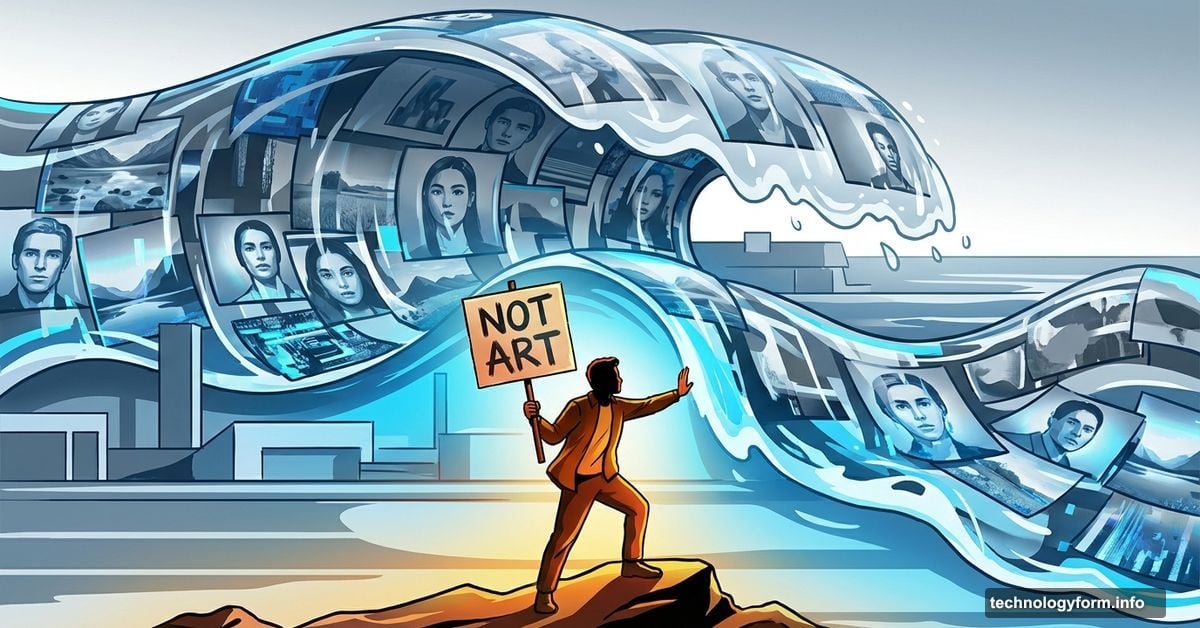 Massive wave of identical AI images flooding over lone artist holding protest sign