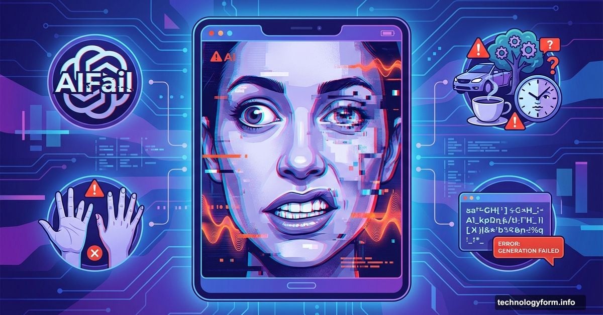 Glitchy AI-generated face with errors surrounded by failed AI outputs