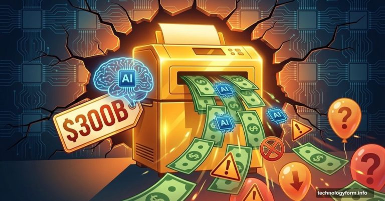 Money printer shooting AI dollars transforming into warning symbols and cracked chip wall