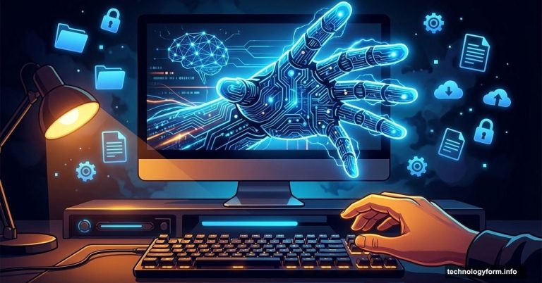 AI robotic hand reaching from computer screen toward viewer's keyboard