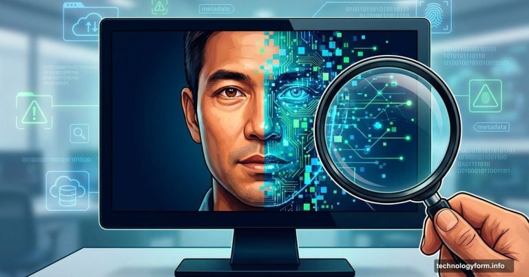 Human face split between realistic photo and AI pixels under magnifying glass