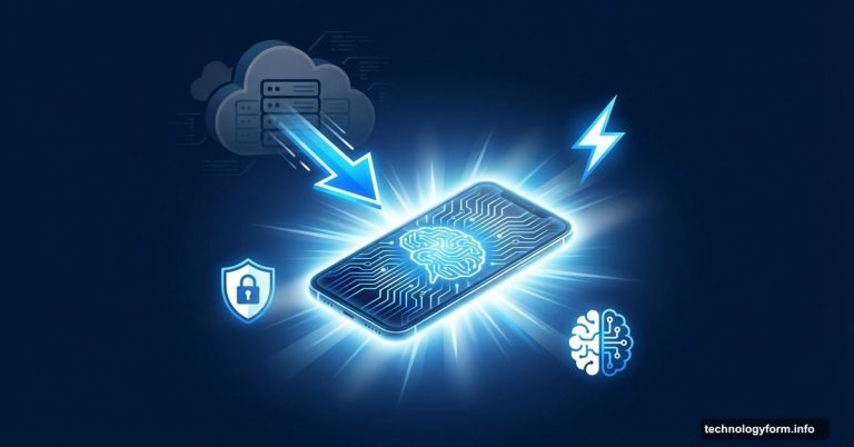 Smartphone with neural network glowing brightly, arrow pointing from cloud above