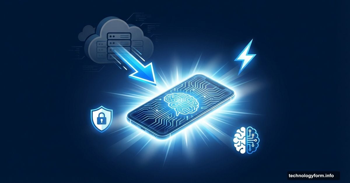 Smartphone with neural network glowing brightly, arrow pointing from cloud above