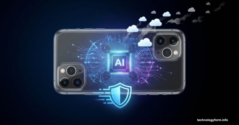 Smartphone with glowing AI processor chip, neural networks radiating outward