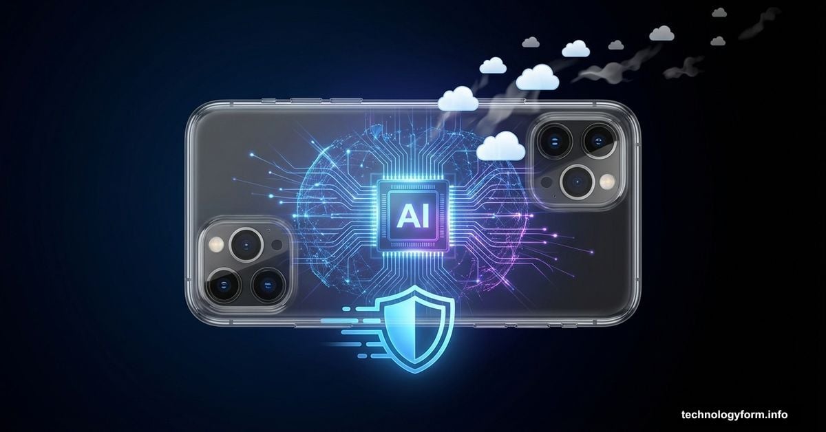 Smartphone with glowing AI processor chip, neural networks radiating outward