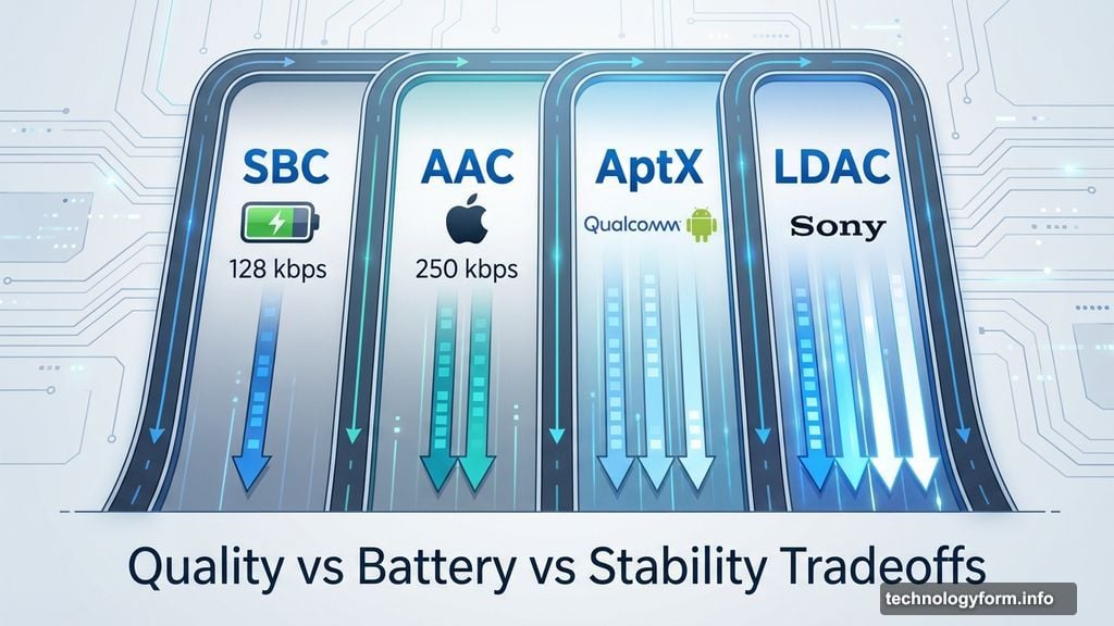 Different codecs balance sound quality, battery life, and stability