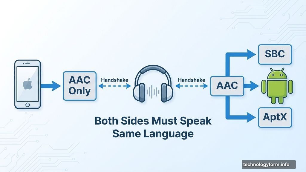 Phone encodes audio data, headphones decode using matching codec