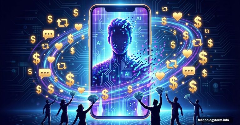 Celebrity silhouette on phone screen dissolving into AI fragments surrounded by money