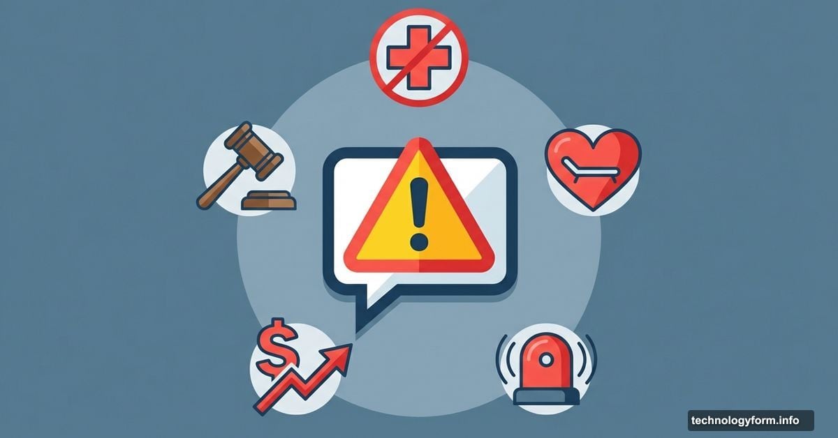 ChatGPT logo surrounded by warning symbols for medical, financial, and legal tasks