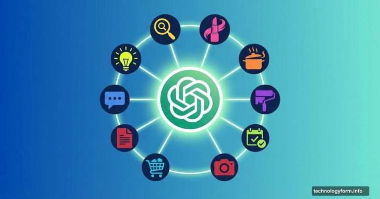 ChatGPT logo surrounded by nine colorful icons representing different tasks