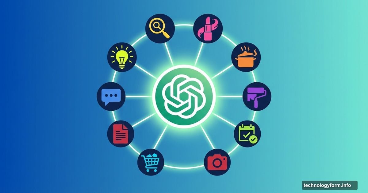 ChatGPT logo surrounded by nine colorful icons representing different tasks