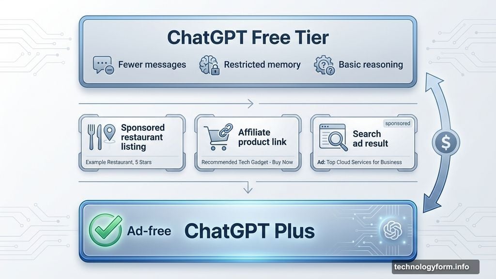 Free tier with ads versus paid ChatGPT Plus subscription
