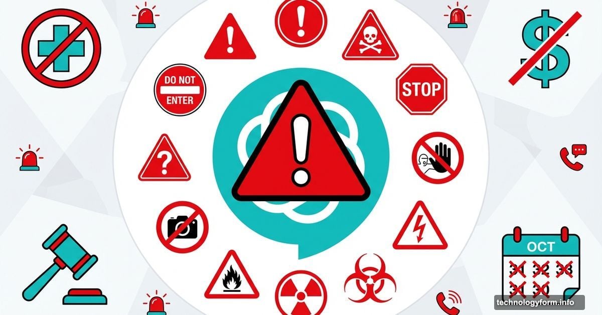 ChatGPT logo surrounded by red warning symbols and caution signs