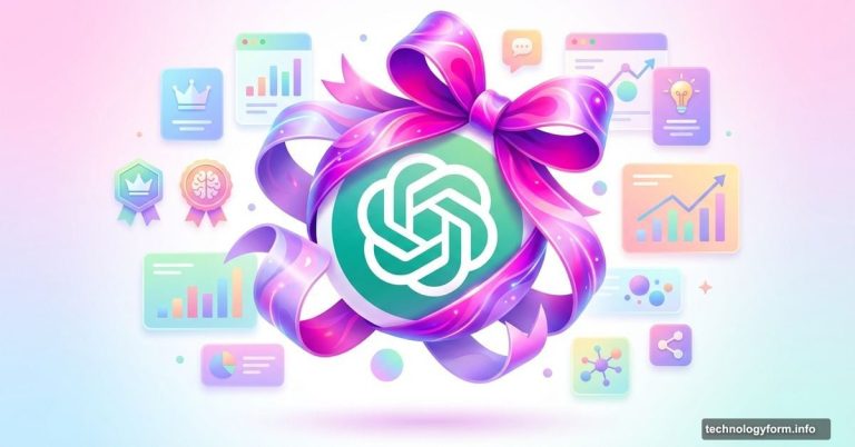 ChatGPT logo wrapped in colorful ribbon with statistics cards floating around