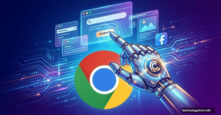 AI robot hand controlling Chrome browser interface with Claude logo